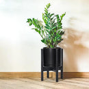 D'vine Dev Ceramic Planter with Ebony Stand - 8 Inch Modern Round Flower Pot with Wood Planter Holder, Black, 55-B-M-2 by CozyNest Decor