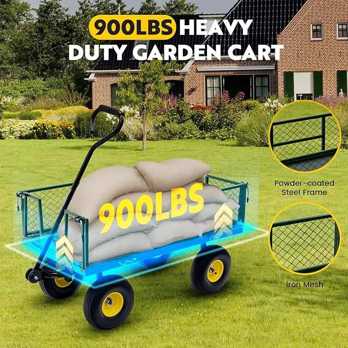 Steel Garden Cart, 2-in-1 Heavy Duty Utility Wagon 900 LBS Capacity Carts with Removable Mesh Sides to Convert into Flatbed, 240° U-Turn 10" Pneumatic Tires Garden Wagon for Lawn Camping Farm Yard, photo 3 of 7