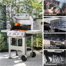 Monument Grills 4-Burner Liquid Propane Gas Grill, Silver Stainless Steel Grill Patio Garden Barbecue Grill with Clearview® Lid and One Foldable Shelf, Mesa400MF with BBQ Cover by GreenHaven Gardens