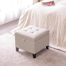 Adeco 18 Inch High Cube Ottoman Storage, Linen Chair Foot Stools, Upholstered Vanity Stool with Hinged Lid, Solid Wood Legs (Beige Grey) by CozyNest Decor
