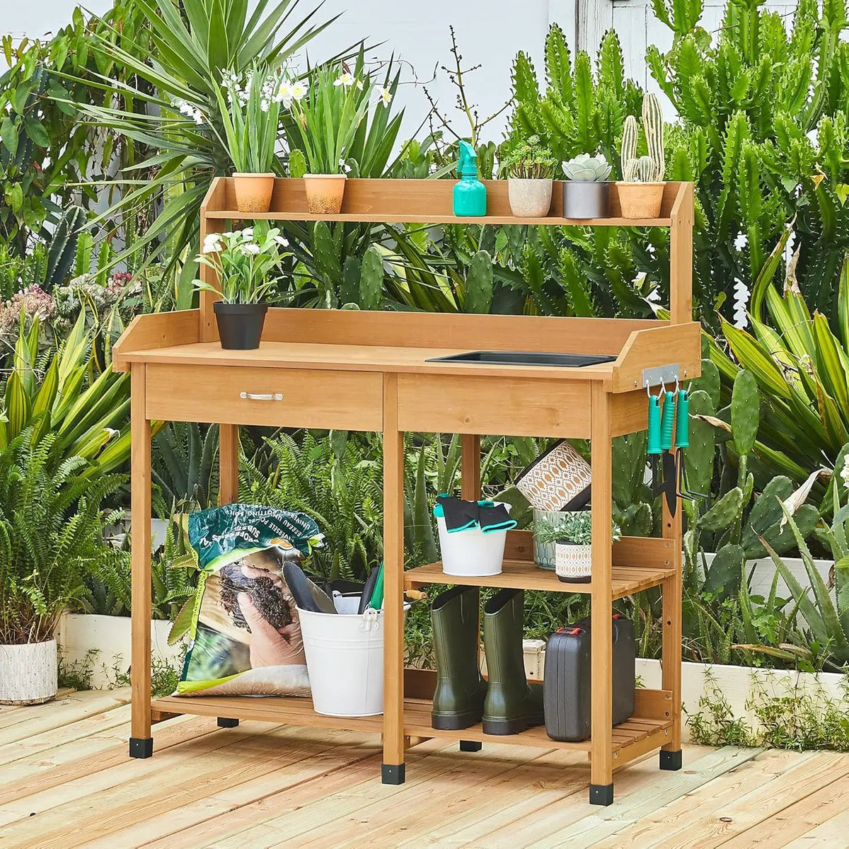 Yaheetech Potting Bench Outdoor Garden Work Bench Station Planting Solid Wood Construction for Horticulture w/Sink Drawer Rack Shelves Natural Wood, photo 2 of 6