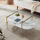Oval Coffee Table, Mid-Century Modern Design, L41 x W21 x H17 inch, for Living Room, Clear Glass Top, White Marble Finish Wood Shelf & Gold Finish Frame by CozyNest Decor