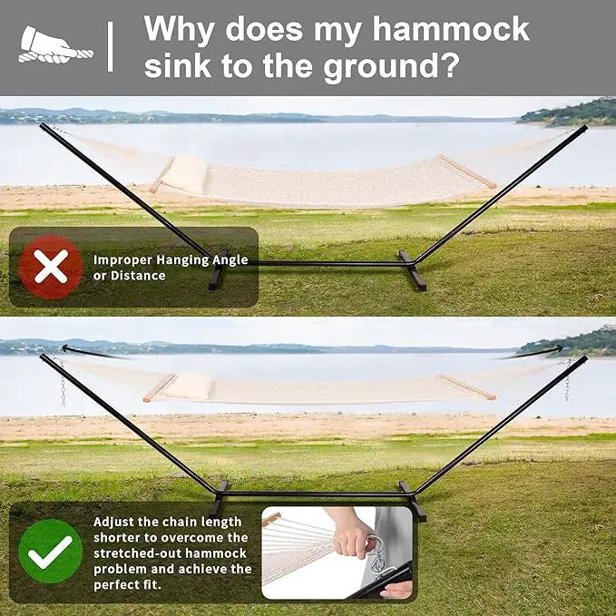SUNCREAT Double Outdoor Hammock with Stand Included, Portable Cotton Rope 2 Person Hammock for Outdoor, Patio, Garden, Backyard, Beige, photo 5 of 7