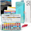 CHROMATEK Watercolor Paint Set – 50 Vivid Colors Including Transparent, Opaque & Pastel – Art Kit with Brush, Water Pen, Palette, Color Chart, Swatch Sheets, Pad & Metal Travel Case by TinyTreasures Baby Boutique