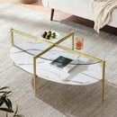 Oval Glass Coffee Table, Mid-Century Modern Design, L43 x W22 x H17 inch, Surfboard Shaped Clear Glass Top and White Marble Finish Wood Shelf, Tapered Legs with Gold Finish Frame by CozyNest Decor