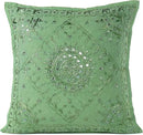 Eyes of India Embroidered Decorative Boho Throw Pillow Cover with Mirrors, Handmade Bohemian Accent Cushion Case for Sofa Couch Bedroom Living Room (Green, 24" x 24") by CozyNest Decor
