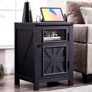 JXQTLINGMU Farmhouse End Table with Charging Station, 18'' Rustic Nightstand with Barn Door & Adjustable Shelf, Wooden Sofa Side Table with 3-Tier Storage for Living Room, Bedroom, Black by CozyNest Decor