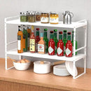 iPEGTOP Expandable Cabinet Storage Shelf Organizer Rack, Heavy Duty Cupboard Stand Spice Rack Adjustable Height Garage Pantry Shelf Space Riser for Counter Kitchen Organization, White, 2 Pack by CozyNest Decor