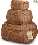 BEBE BASK Large Scalloped Basket Set Of 3 - Hand-Woven & Award-Winning Scallop Basket - XL - Extra Large for Blankets 22 x 16 x 10 In - Elegant Wicker With Scalloped Edge Lid (Mocca) by GreenHaven Gardens