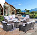ovios 5 Pieces Patio Furniture Set with 42" Fire Pit Table, Outdoor Wicker Sofa with Loveseat, Comfy Cushions, High Back Couch Conversation Set, Grey Rattan, Grey by GreenHaven Gardens