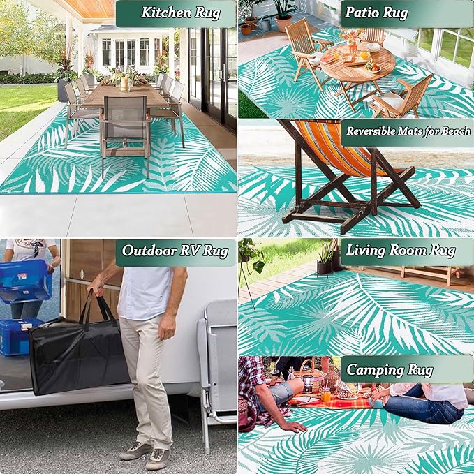 Outdoor Rug 8'x10' Waterproof for Patios Clearance, Reversible Outdoor Plastic Straw Rug Camping Carpet, Outside Floor Mats Large Area Rugs for RV,Patio,Deck,Porch, Beach,Balcony,Teal&White, photo 8 of 9