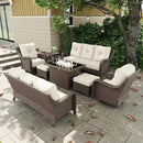 8 Pieces Outdoor Patio Furniture Sets with Rocking Swivel Chairs with 6-inch Thick Cushion and Fire Pit Table for Deck Lawn by GreenHaven Gardens