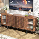 Farmhouse TV Stand for TVs up to 85 Inch, Entertainment Center TV Console with Storage Cabinets and Glass Doors,Media Console for Living Room, Brown by CozyNest Decor