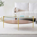 Oval Glass Coffee Table, Mid-Century Modern Design, L43 x W22 x H17 inch, 2-Tier Structure, Olive Shaped Clear Glass Top and Walnut Finish Wood Shelf, Tapered Legs with Gold Finish Frame by CozyNest Decor
