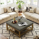 Large Square Ottoman Coffee Table, Linen Solid Upholstered Footrest Ottoman with Solid Wood Shelf Storage Tufted Coffee Table for Bedroom Living Room, Granite by CozyNest Decor