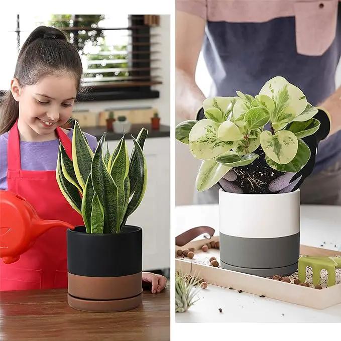 D'vine Dev Set of 2 Plants Pots, 6 Inch Ceramic Planter Pot for Plants with Drainage Hole and Saucer, White-Grey/Black-Tan, 94-V-C-C, photo 6 of 7