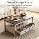 LINSY HOME Farmhouse Coffee Table with Storage, Wood Coffee Table for Living Room, Open Display Area and Storage Drawers with Metal Handles, Chic Style with Curved Base. Oak and Brown by CozyNest Decor
