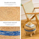 Handwoven Round Ottoman, Natural Water Hyacinth Outdoor Patio Pouf Seagrass Low Stool with Wood Legs, Soft Padded Footrest for Living Room Bedroom Garden, Blue by CozyNest Decor