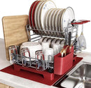 BOOSINY 2 Tier Red Large Stainless Steel Dish Drainers Drying Rack for Kitchen Counter with Drainboard, Rust Proof Metal, Space Saving, Modern Aesthetic, Compact Plates Strainers with Extra Mat by CozyNest Decor