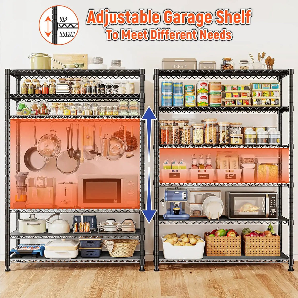 REIBII 75" H Metal Shelving 6 Tier Storage Shelf Adjustable Kitchen Shelf Wire Shelving Unit Detachable Storage Rack for Kitchen Laundry Living Room Commercial Heavy Duty Metal Shelf 75" X35" X14", photo 6 of 6