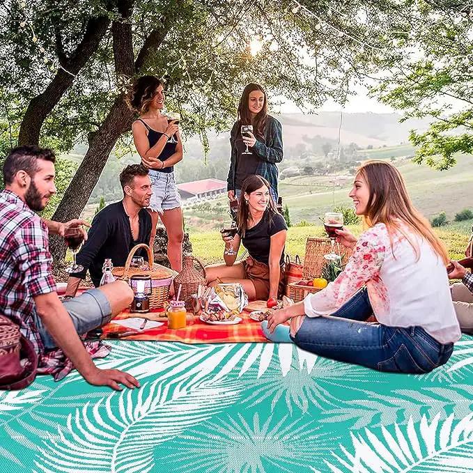 Outdoor Rug 8'x10' Waterproof for Patios Clearance, Reversible Outdoor Plastic Straw Rug Camping Carpet, Outside Floor Mats Large Area Rugs for RV,Patio,Deck,Porch, Beach,Balcony,Teal&White, photo 6 of 9