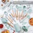 Country Kitchen Non Stick Silicone Utensil Set with Rounded Wood Handles for Cooking and Baking, 38 Piece Set, Mint by CozyNest Decor