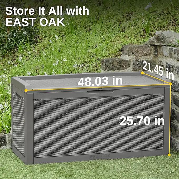 EAST OAK Outdoor Storage Box, 100 Gallon Deck Box, Waterproof Resin Storage Bench for Patio Cushions, Gardening Tools, Pool Accessories, Lockable, UV Resistant, Grey, photo 7 of 7