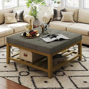 Large Square Ottoman Coffee Table, Linen Solid Upholstered Footrest Ottoman with Solid Wood Shelf Storage Tufted Coffee Table for Bedroom Living Room, Granite by CozyNest Decor