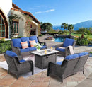 ovios 5 Pieces Patio Furniture Set with 42" Fire Pit Table, Outdoor Wicker Sofa with Loveseat, Comfy Cushions, High Back Couch Conversation Set, Brown Rattan, Navy Blue by GreenHaven Gardens