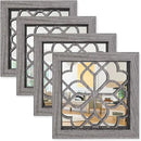 4pcs Farmhouse Wall Mirror with Carved Floral Design -Rustic Mirror Decor for Home, 12x12 inch(Brown) by CozyNest Decor