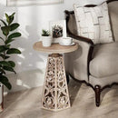 Rustic Farmhouse Wooden End Table, Distressed Round Accent Table with Intricate Carved Floral Patterns, Boho, for Living Room, Bedroom, or Entryway, Distressed Wood Color by CozyNest Decor