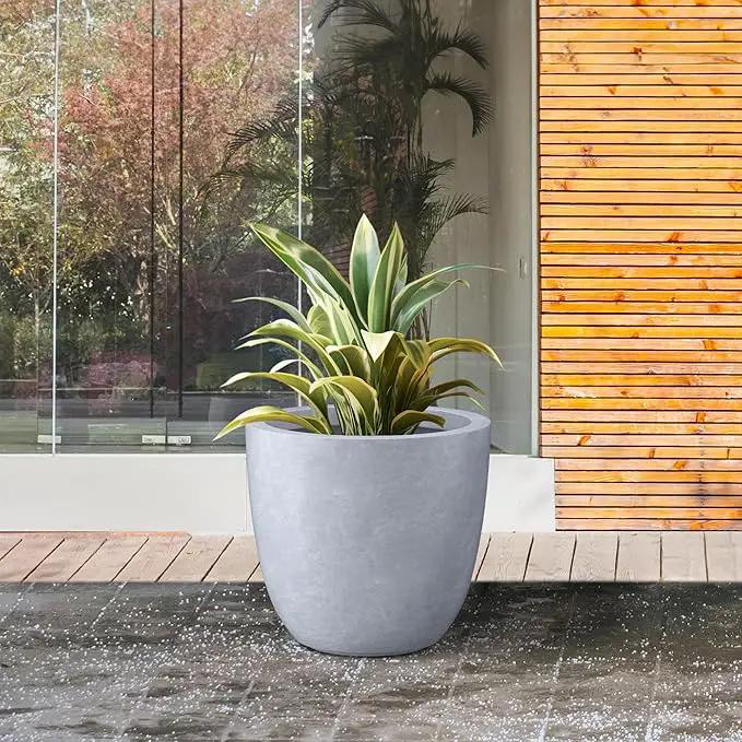Kante 14 Inch Dia Round Concrete Planter, Indoor Outdoor Large Plant Pot with Drainage Hole and Rubber Plug for Home Patio Garden, Slate Gray, photo 5 of 8