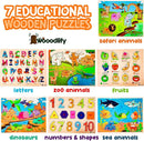 7 Pack Wooden Puzzles for Toddlers 2 3 4 5 Years Old - 7 Colorful Chunky Wood Peg Puzzles for Kids Ages 2-5, Alphabet Shape Numbers Fruits Sea Animals Dinosaur Zoo - Educational Toddler Learning Toys by TinyTreasures Baby Boutique
