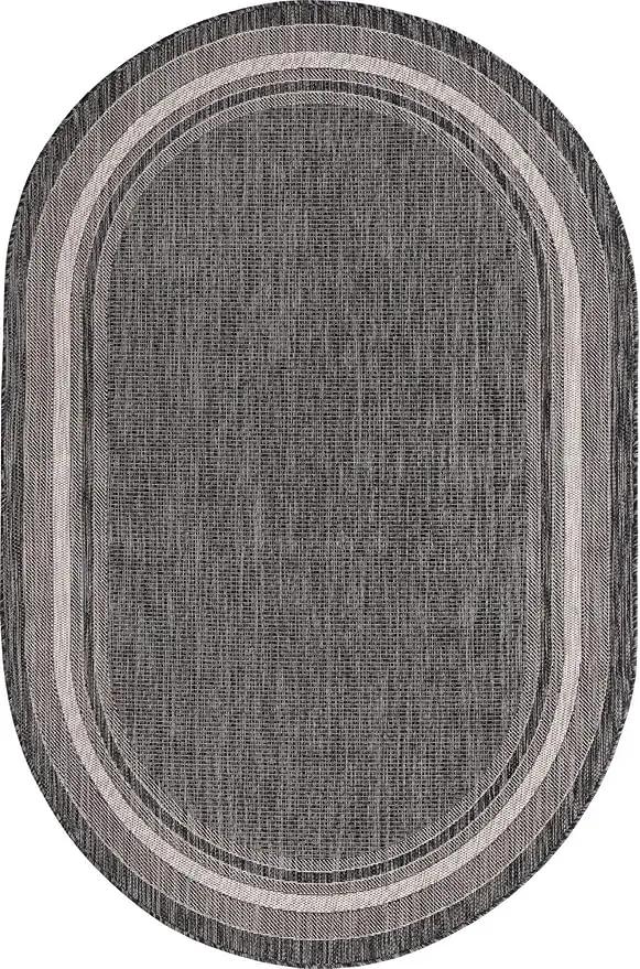 Unique Loom Outdoor Border Collection Area Rug - Soft Border (5' 3" x 8' Oval, Black/ Ivory)