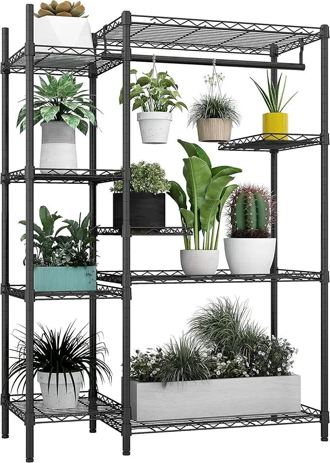 Xiofio Plant Stands for for Indoor Outdoor, Heavy Duty Metal Plant Stand,large Plant Shelf,Adjustable Plant Shelves With Hanging Rod for Living Room,Balcony,Garden,Black