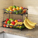 Giwil 2 Tier Countertop Fruit Basket for Kitchen, Vegetable Storage Bread Fruit Bowl Stand with 2 Banana Hangers, Wall Mounted Metal Wire Basket Organizer for Potato Onion, Black by CozyNest Decor