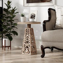 Rustic Farmhouse Wooden End Table, Distressed Round Accent Table with Intricate Carved Floral Patterns, Boho, for Living Room, Bedroom, or Entryway, Distressed Wood Color by CozyNest Decor