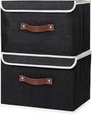 ANMINY 4PCS Storage Bins with Lid PU Leather Handles Storage Boxes PP Plastic Board Decorative Foldable Lidded Cotton Linen Fabric Home Cubes Baskets Closet Organizer Containers - Black, Large Size by TinyTreasures Baby Boutique
