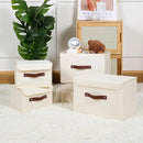 ANMINY Storage Bin with Lid Storage Boxes with PU Leather Handles PP Plastic Board Decorative Foldable Lidded Cotton Linen Fabric Home Cubes Baskets Closet Organizer Container - Beige, Small Size by CozyNest Decor