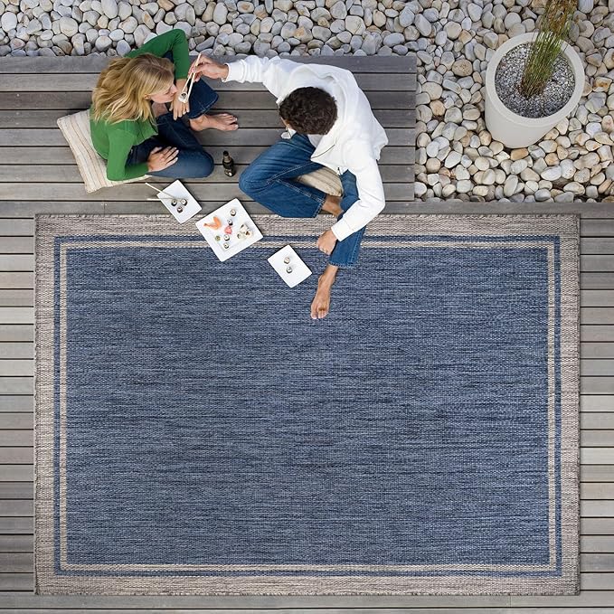 CAMILSON Outdoor Rug, 5x7 Bordered Navy Blue Gray Modern Area Rugs for Indoor and Outdoor Patios, Porches Waterproof Washable Porch Deck Outside Carpet (Bordered Navy, 5 x 7), photo 9 of 9