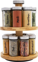 Orii 16 Jar Spice Rack with Spices Included - Rotating Countertop 2 Tier Tower Organizer for Kitchen Spices and Seasonings, (Bamboo Wood) by CozyNest Decor