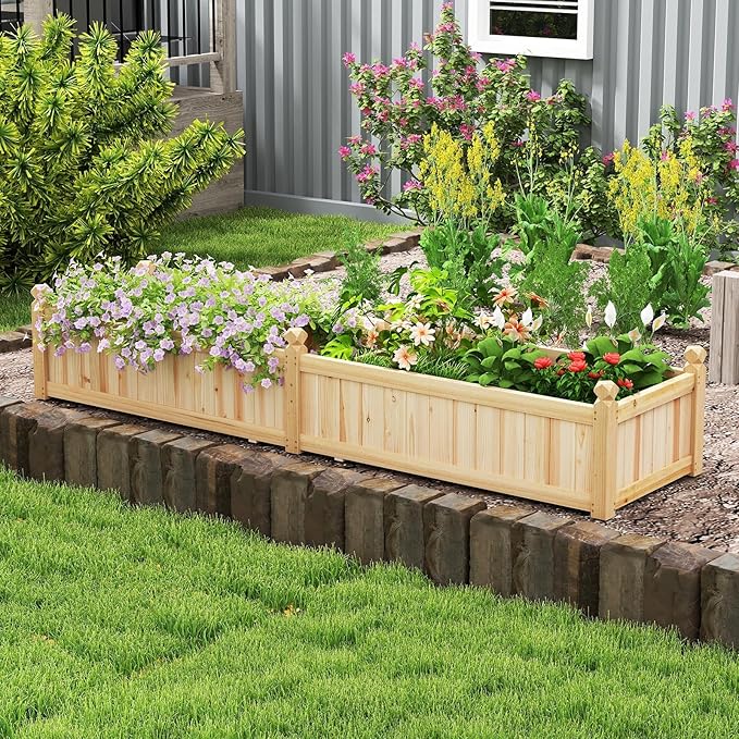 HAPPYGRILL Raised Garden Bed, Wooden Elevated Garden Box w/8 Drain Holes, Detachable Bottom Panels, Liner for Flowers Vegetables Herbs Fruits, Outdoor Planter Box for Backyard Lawn, 89" x 23.5" x 16", photo 2 of 9