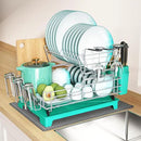 BOOSINY 2 Tier Turquoise Large Stainless Steel Dish Drainers Drying Rack for Kitchen Counter with Drainboard, Rust Proof Metal, Space Saving, Modern Aesthetic, Compact Plates Strainers with Extra Mat by CozyNest Decor