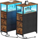 TUTOTAK Narrow LED Night Stand with Charging Station, Slim End Table with Plugins, Tall Side Table with 3 Fabric Drawer, Small Bedside Table with Storage, Set of 2, for Living Room, Brown TB01BB073L by CozyNest Decor