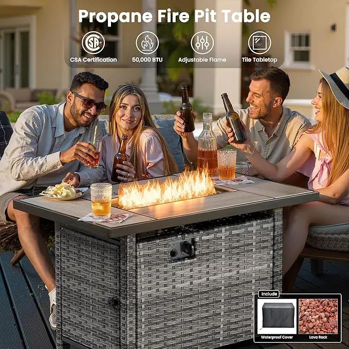 ovios 6 Pieces Patio Furniture Set with 42" Fire Pit Table, Outdoor Wicker Sofa with Ottomans, Comfy Cushions, High Back Couch Conversation Set, Grey Rattan, Grey, photo 5 of 9