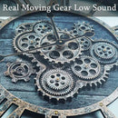 24 Inch Industrial Steampunk Wall Clock, Oversized Solid Wood Frame, Battery Operated, Large Wall Clock with Real Rotating Gears, Gray