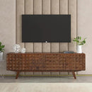 NTC Sapa Mid-Century Modern Solid Wood TV Stand 4-Door Media Console with Carved Geometric Fronts for TVs up to 75", Effortless Assembly, Dark Walnut by CozyNest Decor