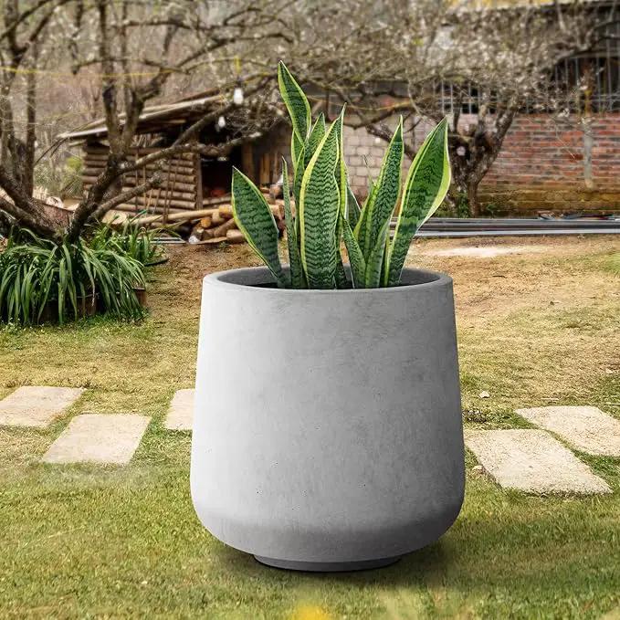 Kante 15.3" Dia Round Concrete Planter, Outdoor Indoor Large Plant Pots Containers with Drainage Hole and Rubber Plug for Home Garden Patio, Natural Concrete, photo 11 of 15