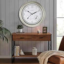 CLXEAST 18 Inch Illuminated Outdoor Indoor Atomic Analog Wall Clock with Temperature & Humidity Combo, Lighted Outdoor Clocks for Patio Large Waterproof with Thermometer, Modern Morning Silver/Gold by CozyNest Decor
