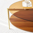 Oval Glass Coffee Table, Mid-Century Modern Design, L43 x W22 x H17 inch, 2-Tier Structure, Olive Shaped Amber Glass Top and Walnut Finish Wood Shelf, Tapered Legs with Gold Finish Frame by CozyNest Decor